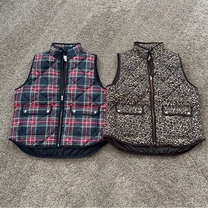 J. Crew Women’s Large Quilted Puffer Plaid and Leopard Print Vests Set of 2